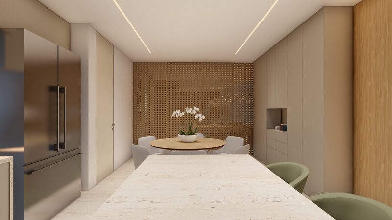 Sala de jantar com painel ripado de madeira